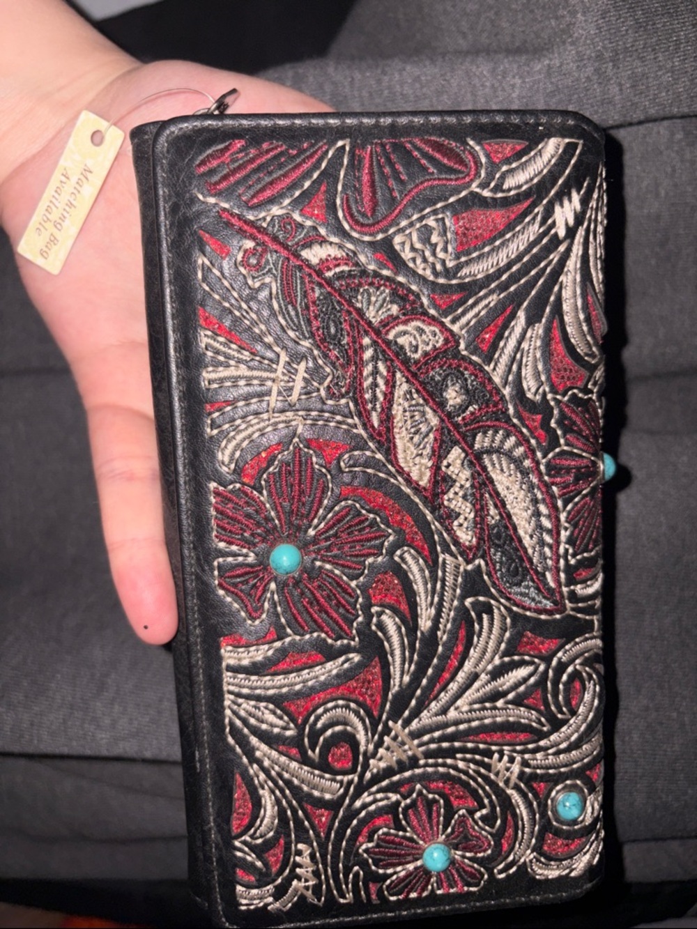 Never used, Embroidered Floral Black & Red Wallet with Turquoise Accents